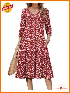 3/4 Sleeve V-Neck A-Line Midi Dress with Pockets Casual Flowy Eyelet Sundress